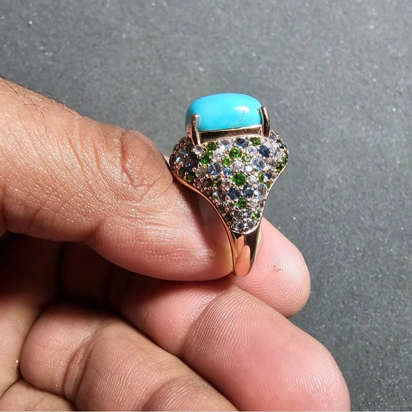 Ladies Turquoise Multi Gemstone Cluster Sterling Silver Statement Cocktail Ring - Picture 3 of 12